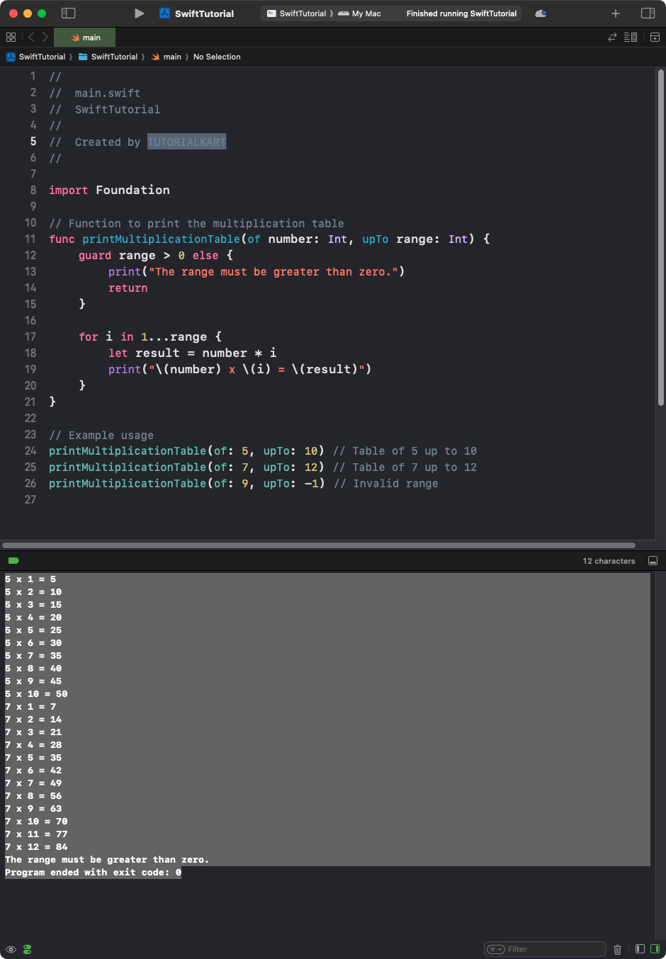 Swift Program to Print Multiplication Table of a Number